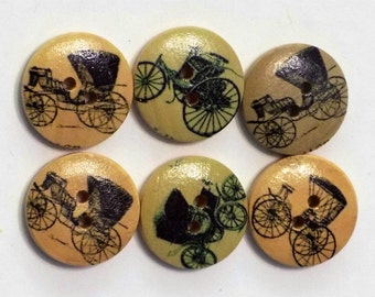 6 Large Wooden Horse and Buggy Carriage Buttons - #WS-00051