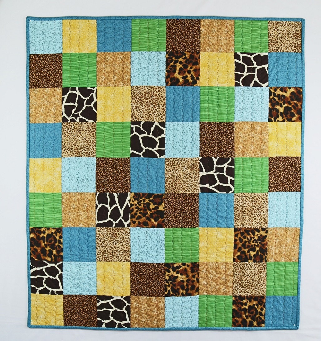 Baby Boy Quilt Animal Print Patchwork Safari Zoo By OhSherryQuilts