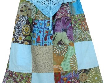 Blue Knee Length Patchwork Skirt Crochet Yoke