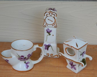 Miniature Grandmother Clock Shaving Mug Sedan Chair by Hammersley of England / Bone China Miniatures from England with Purple Flowers