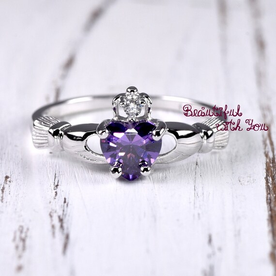 Purple Claddagh Ring Amethyst Cubic Zirconia Traditional