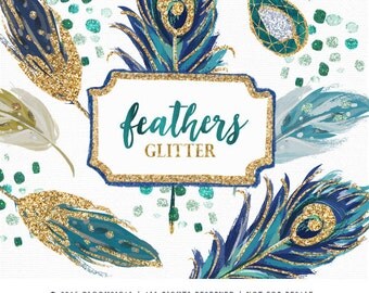 Feathers Glitter Gold Clip Art | Hand Painted Glam Peacock Feathers Gemstone Graphics | Scrapbooking, Cards, party deco | Digital Cliparts