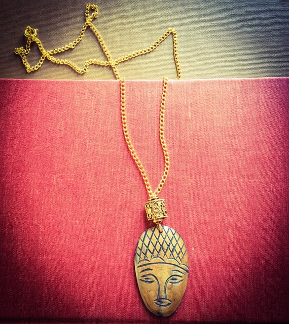 Tribal Mask Pendant Necklace on Gold Chain by VioletteDameBoutique