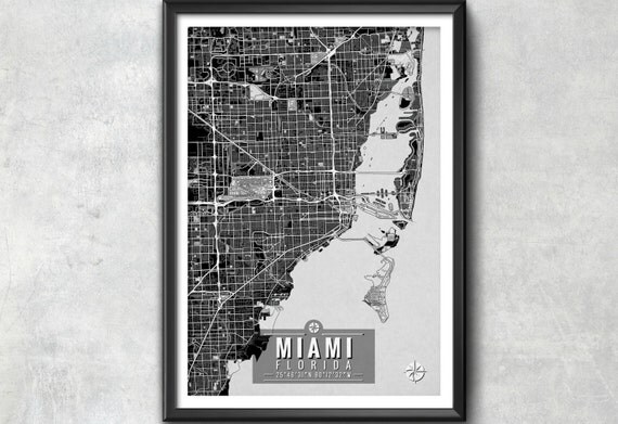 Miami Florida Map with Coordinates Miami Wall Art Miami Map