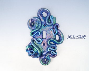 DELUXE Iridescent Octopus Light Switch Cover sculpture wall home decor housewares bathroom beach clay handmade metallic gold ooak plate art