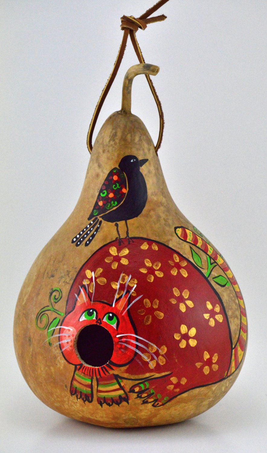 Whimsical Cat Gourd Birdhouse Garden Decor Yard Art by Gourdament