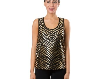 Workout Fashion Women's Black/Gold Zebra Tank Top