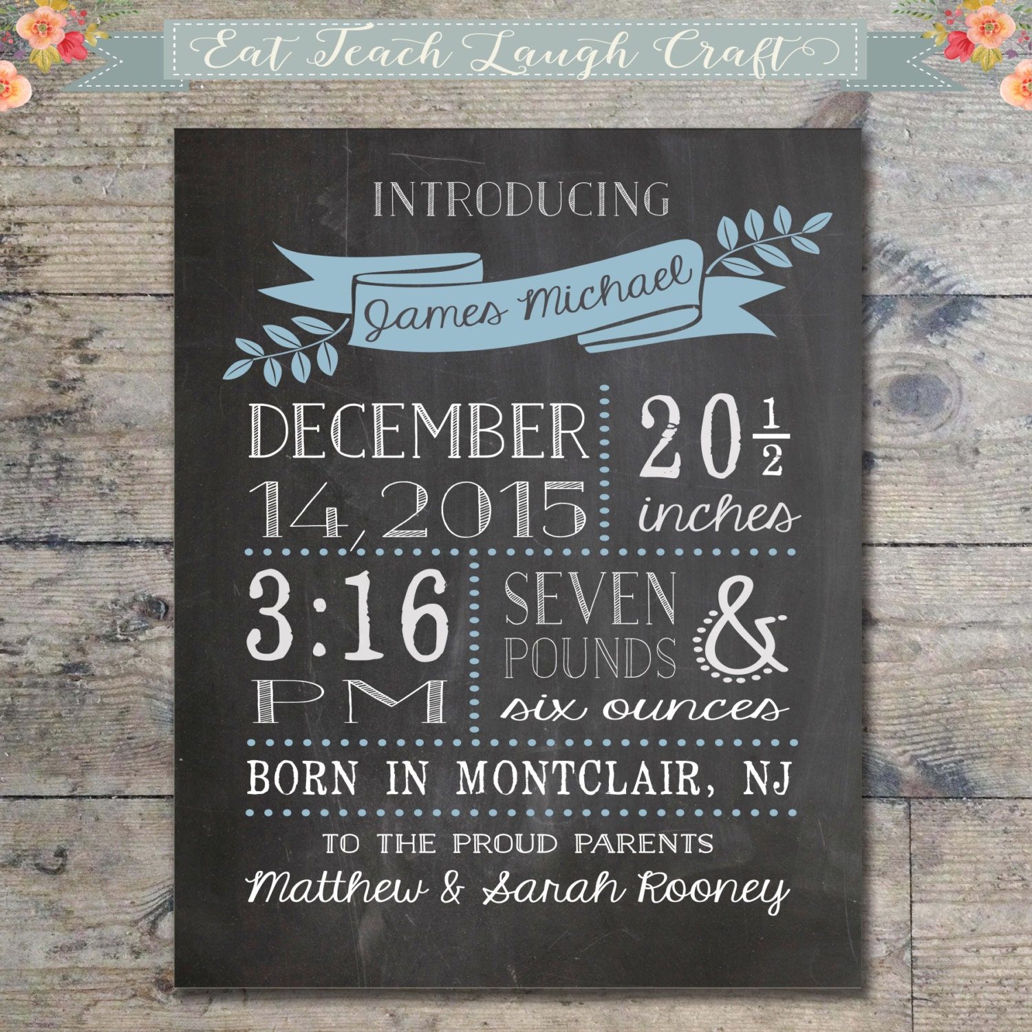 Chalkboard Birth Announcement New Baby Boy Baby Birth Stats