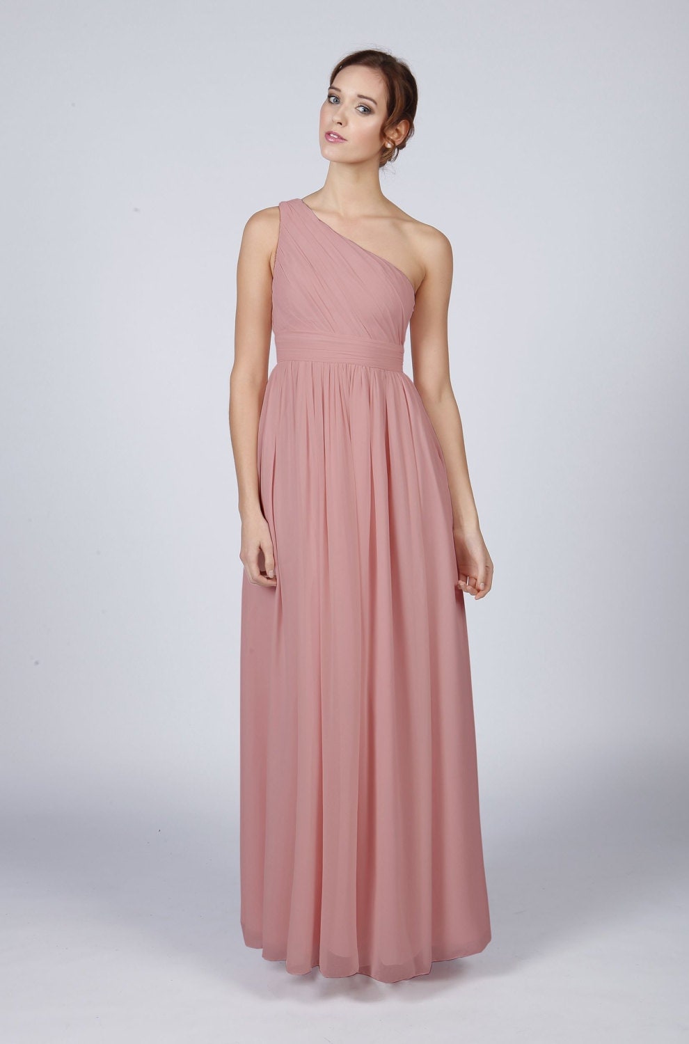  Dusky  Pink  One Shoulder Long Bridesmaid  Prom  Dress  by