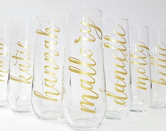 Bridesmaid Proposal Stemless Champagne Flute / Bridesmaid Gift / Bridesmaid Champagne Glass / Brushed Gold Silver Copper Flute