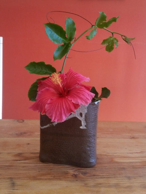 Tall Oval Shaped Textured Clay Ceramic Vase Ikebana by SueVpottery