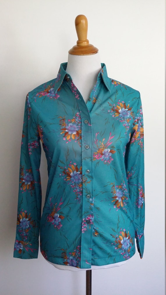 Floral 70's blouse S teal blouse blue 70's top