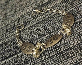 Unusual number tags and crystal chain bracelet eclectic handmade jewelry
