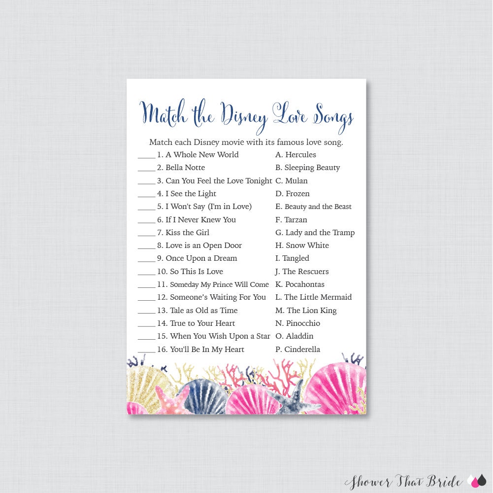 Disney Love Songs Match Game Printable Beach Themed Bridal