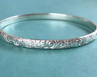 Sterling Silver Bangle Bracelet, Engraved Bangle Bracelet, Round Bangle Bracelet, Silver Engraved Bangle, Sterling Silver Bracelet, Bangles