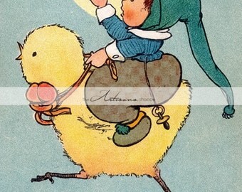 Digital Download Printable - Loving Easter Vintage Easter Greetings Postcard Image - Paper Crafts Scrapbook Altered Art - Cute Yellow Chick