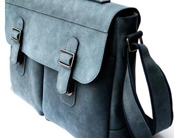 Grey Blue messenger bag. Leather bag for men. Leather briefbag for men.