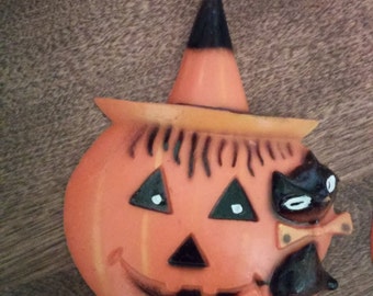 2 Vintage Halloween Cake Toppers / Decorations Pumpkins with Black Cat
