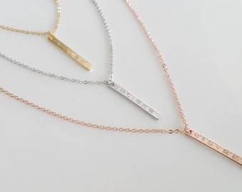 Vertical Coordinate Necklace, Personalized Bridesmaid Necklace, Christmas Gift, Bridesmaid Gift, Rose Gold Bar Necklace, Location Necklace