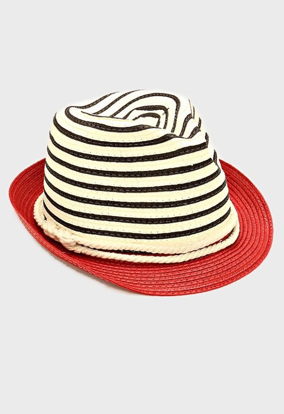 Womens Red Two Tone Straw Fedora Hat Nautical Rope by 3StoresDown