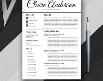 Professional Resume Template, CV Template, Cover Letter, MS Word, Mac & PC, Modern Simple Creative Teacher Resume, Instant Download, Claire