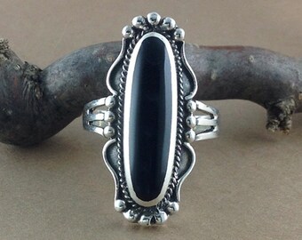 Black Onyx Ring~Silver Black Onyx Ring~Black Onyx Long Oval Ring~Large Black Onyx Statement Ring~Natural Black Onyx Ring~Black Onyx Jewelry