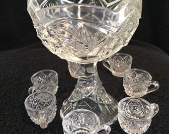 EAPG Child's Miniature Pressed Glass Punch Bowl w/ 7 Matching Cups