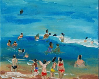 Oil painting of a seaside landscape, red and yellow swimwear, original oil painting