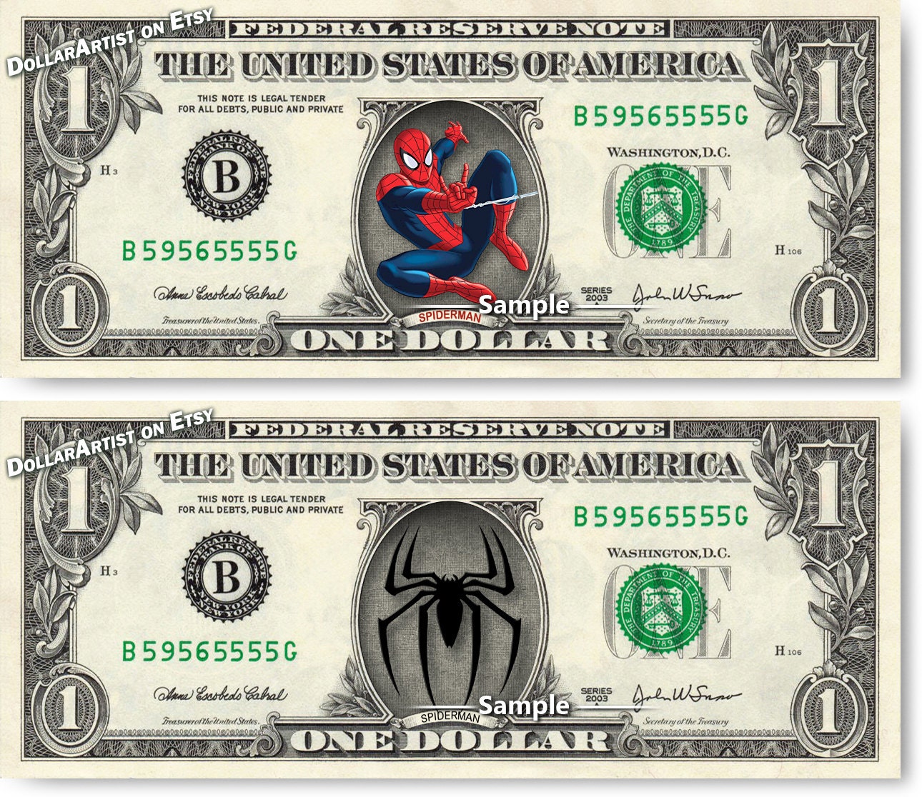 Spiderman on a Real Money Disney Handmade Custom Dollar Bill