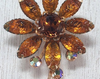 Vintage Flower Leaf Brown Molded Rhinestone AB Tier Fall Autumn Brooch Pin