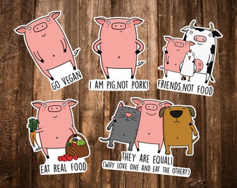 Vegan Sticker Pack - Animal Rights Activist Sticker Set - Pig/Animal Lover/Vegetarian/Vegan Gift Stickers - Go Vegan Art/Friends not Food