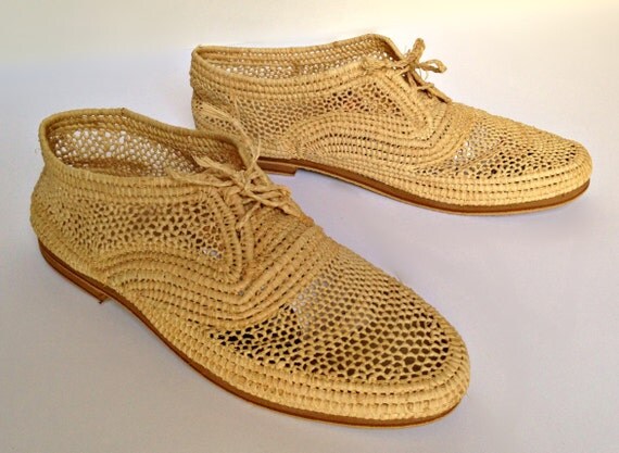 Women's Oxfords. Handmade Raffia Shoes. Lace Up Shoes.