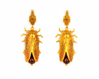 Cicada earrings Cicada jewelry filigree gold earrings 24K Gold plated red stones vintage earrings beetle earrings insect jewelry Cicadas