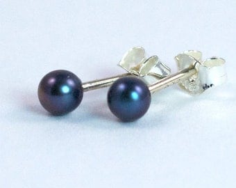 Black Pearl 3mm Sterling Silver Stud Earrings, Tiny Stud Earrings