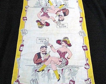 Vintage Comic Linen Bar Towel Bartender & Saucy Barmaid