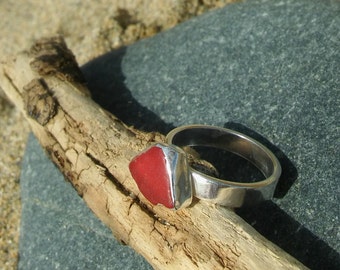 Red Sea Glass ring, UK Size N, USA 6.5 Silver ring, Stacking ring, Sea glass jewellery, Silver jewellery, Mothers day gift, Birthday gift.
