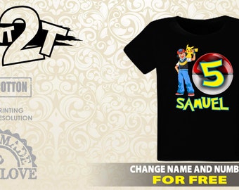 Pokemon Go Birthday T-Shirt,Ash and Pikachu Custom Name and Number 1st 2nd 3rd 4th 5th 6th 7th Birthday 2T,3T,4T,5T,6T Boys Birthday Shirt