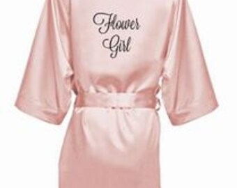 Flower Girl Robe, Embroidered Flower Girl Satin Robe, Custom Flower Girl Robe, Bridal Robe for Flower Girl, Peronalized Flower Girl Robe