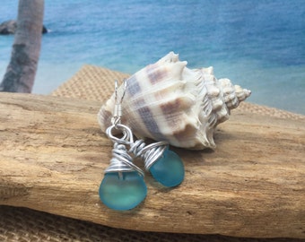 Aqua Sea Glass Earring ~ Beach Glass Jewelry ~Cultured Sea earring ~wire wrapped earring ~ Beach Wedding Jewelry ~ Blue Drilled sea Glass