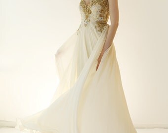 Sample Sale - gold beaded Lace and ivory silk Wedding Dress