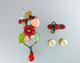 Fairy Ear Cuff, Red Fairy Earrings Jewelry, Red Fantasy Earrings, Red Fairytale Jewelry, Red Ear Cuff, Enchanted Jewelry, Woodland Earrings