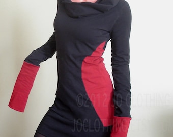 hooded tunic dress/extra long sleeves in BLACK