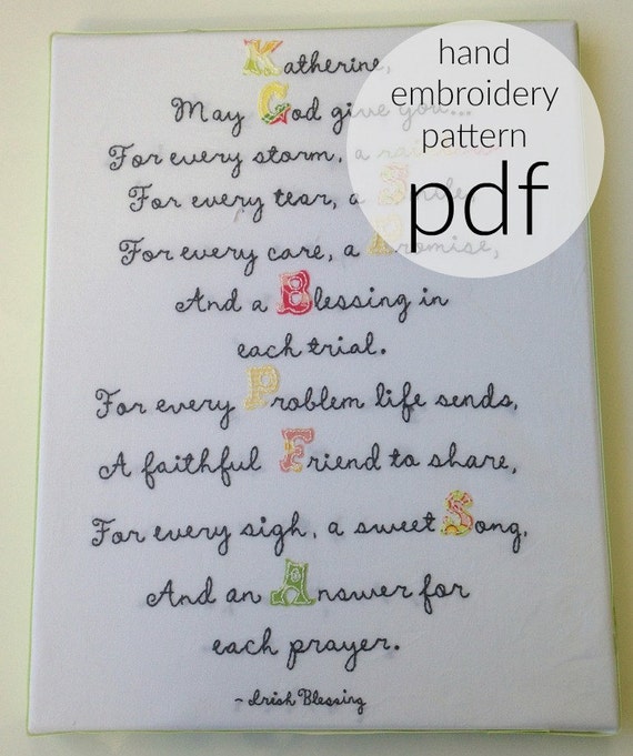 HAND embroidery PATTERN, nursery art, full color digital download, pdf download, Irish Blessing version 2, diy embroidery, embroidery design Il_570xn