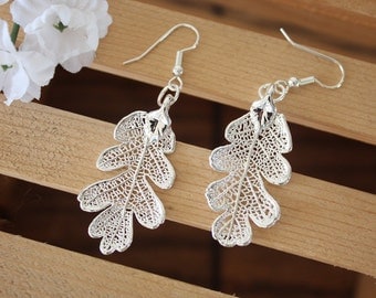 Silver Leaf Earrings, Oak Leaf, Real Leaf Earrings, Small Real Leaf Earrings, Lacey Oak, Sterling Silver, Nature, LESM97