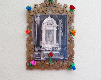Vintage Reproduced Photograph at the Basilica de GUADALUPE in Mexico Antiqued Wood Shrine- A peek into history