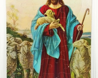 The Good Shepherd Chipboard Tray Puzzle, Jesus Tending Sheep Mid Century Religious Puzzle