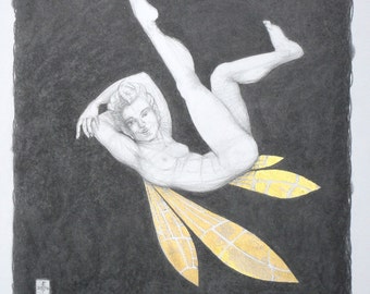 Male nude, original drawing - "Billy" - a fairy in pencil and real gold leaf. Erotic art, nude pencil drawing. Illustration by Nancy Farmer