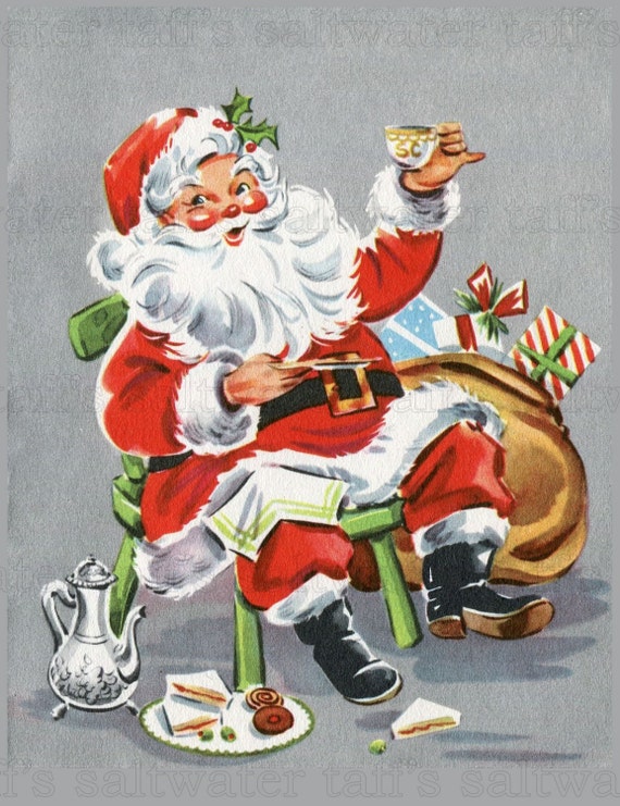 Santa with Milk and Cookies Image Digital Download vintage