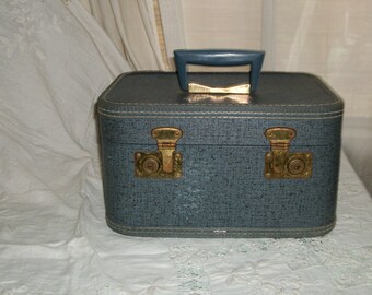 1940s Blue Vinyl and Brasstone Traincase New Lining So Retro!