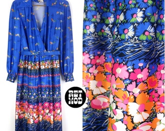 Beautiful Blue, Orange, Pink, White Flower Power 70s Vintage Dress!